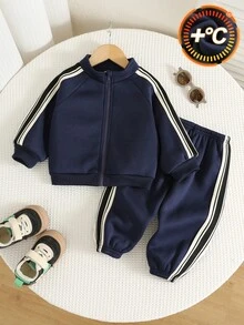 SHEIN 男女嬰兒適用，男嬰2件組秋冬加厚抓絨休閒可愛運動衫套裝，嬰兒冬季套裝，運動服，慢跑褲 - 藏蓝色 - 查看 1