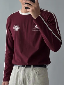 DAZY Summer Letter Print Patchwork Contrast Collar Burgundy Men's T-Shirt - Burgundy - View 3