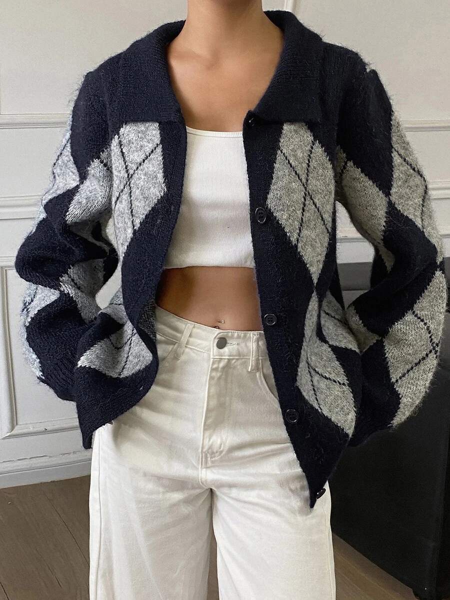 DAZY Women's Autumn Loose Fit Long Sleeve Argyle Pattern Navy & Grey Contrast Color Vintage Style Cardigan Sweater - Royal Blue - View 1