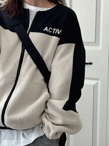 FRIFUL Women's Casual Streetwear Colorblock Patchwork Jacket, Autumn/Winter Everyday Travel Beige Everyday Going Out - Black - View 7