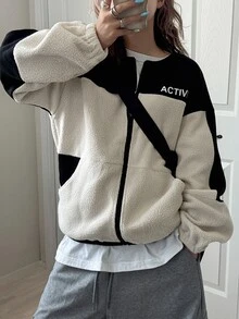 FRIFUL Women's Casual Streetwear Colorblock Patchwork Jacket, Autumn/Winter Everyday Travel Beige Everyday Going Out - Black - View 1