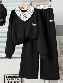 SHEIN 女童休閒兩件套，波點翻領拼接V領短版上衣搭配波點腰寬腿褲，精緻蝴蝶結刺繡，寬鬆舒適版型，歐美校園風，適合幼童與小童日常上學、外出與運動 - 黑色 - 查看 6