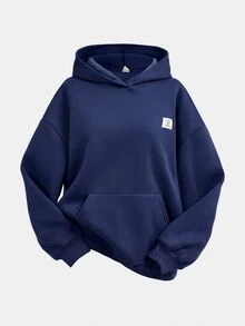 SHEIN Girlism 2件組青少年女孩純藍色冬季休閒度假返校復古寬鬆圖案秋季連帽衛衣與運動長褲保暖運動套裝 - 藏蓝色 - 查看 7