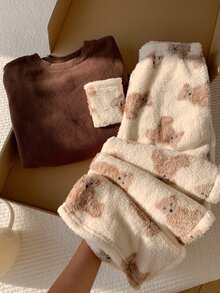 Comfortcana Women's Cartoon Bear Pocket Design Long Sleeve Top And Pants Casual 2 Pieces Set - Multicolor - View 4