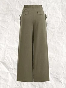 SHEIN EZwear 大尺碼休閒拉鍊百褶綁腰長褲，適合辦公室穿著 - 軍綠色 - 查看 2