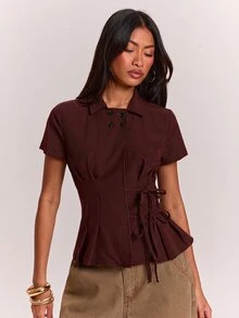 SHEIN BAE 女款條紋鈕扣設計側腰綁帶短袖襯衫 - 酒紅色 - 查看 4