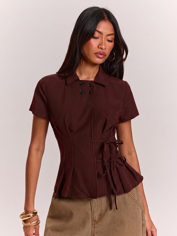 SHEIN BAE Women's Striped Button Design Side Waist Tie Short Sleeve Shirt - Burgundy - View 4