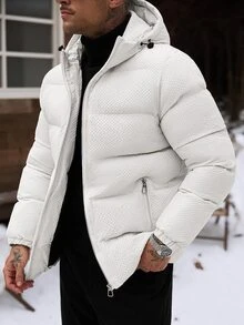 Manfinity Homme 男士米色華夫格紋絎縫連帽羽絨外套，拉鍊開合附口袋，寬鬆短版秋冬休閒街頭校園穿搭外套 - 杏色 - 查看 6