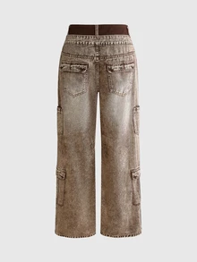 ROMWE Street Life Celana Jeans Denim Amerika Serbaguna Gaya Jalanan Vintage Wanita dengan Pinggang Kontras dan Banyak Kantong - Khaki - View 2