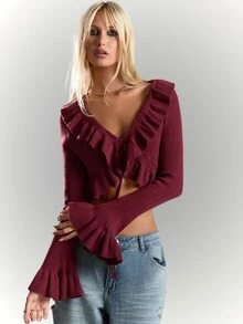 BAD SUNDAY Women's Sexy Deep V-Neck Ruffle Trim Cropped Cardigan Sweater, Vintage Y2K Hot Girl Style, Autumn/Winter - Burgundy - View 4