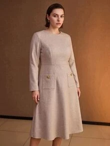MOTF PREMIUM PLUS SIZE WOMEN'S LONG SLEEVE MID-LENGTH DRESS, AUTUMN/WINTER - Khaki - View 5