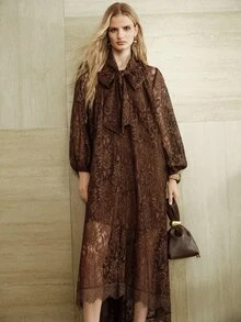 Arave Women's Dress Loose A-Line Lace Bow Tie Neck Lantern Sleeve See-Through Vintage Elegant Business Brown Floral Dresses For Women Thanksgiving - Brown - View 6