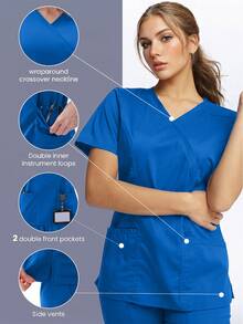 TaskEZ Women's Matte Wrap Top With 2 Pockets And Princess Seams On Back - Royal Blue - View 1