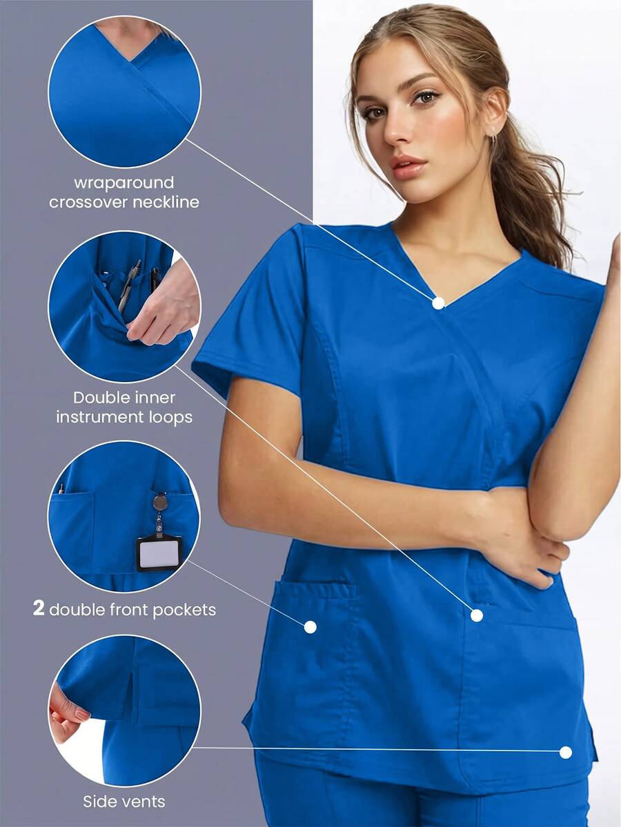 TaskEZ Women's Matte Wrap Top With 2 Pockets And Princess Seams On Back - Royal Blue - View 1