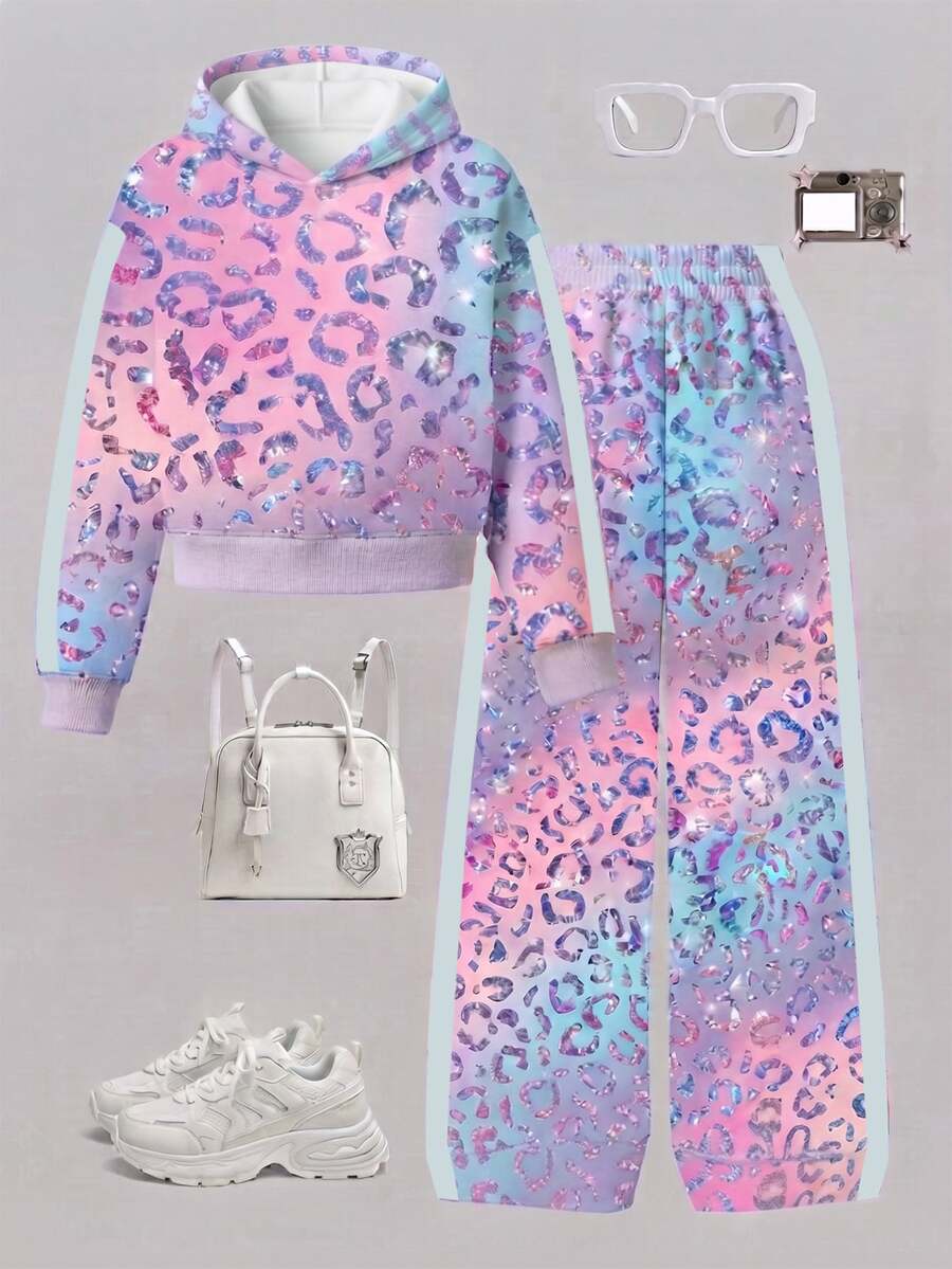 Girls (Small) Hoodie Set, Gradient Colorful Leopard Print Hooded Sweatshirt Set, Dreamy Pink Blue Purple Gradient Base Color, Shiny Metallic Leopard Print All-Over Pattern, Casual Loose Fit - Multicolor - View 1
