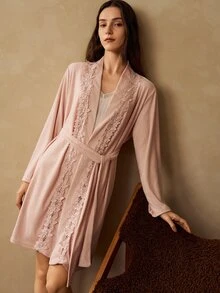 MOTF PREMIUM WOMEN'S SOLID COLOR CONTRAST LACE LONG ROBE WITH WAIST TIE - Beige - View 7