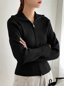 DAZY 純色拉鍊翻領商務休閒女款開襟衫 - 黑色 - 查看 6