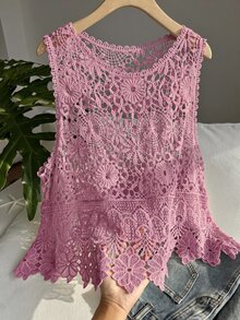 SHEIN EZwear 大尺碼女款春夏刺繡鏤空針織背心 - 藕粉色 - 查看 4
