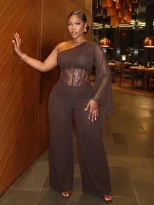 Slaydiva Plus Size Women's Lace Patchwork One Shoulder Casual Daily Jumpsuit - Brown - View 5