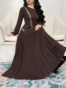 Feyla Women's Elegant Long Dress With Patchwork Sequin Trim And Pleated Hem - Coffee - View 4