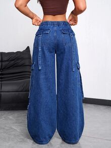 SHEIN EZwear 女款休閒水洗寬腿工裝牛仔褲 - 藍色 - 查看 2