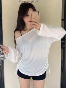 DAZY 女款純色單肩長袖側抽繩休閒性感T恤，適合日常穿搭、外出、夜生活、約會，白色，秋季 - 白色 - 查看 1