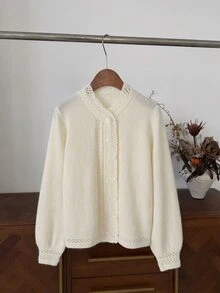 INAWLY French Lace Trim Semi-High Neck Hollow Knit Cardigan - Beige - View 3