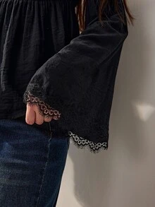 Willow Rêve Women's Black Loose Cold Shoulder Bell Sleeve Top, Lace Cuffs With Elastic Ruffles, Solid Color Western Romantic Bohemian Style, Suitable For Summer Vacation Party Travel - Black - View 7