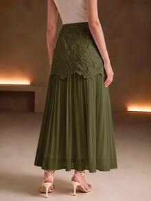 Anewsta Women's New Water-Soluble Hollow Embroidery Patchwork Ruched Full Flare Fashion Elegant Versatile Half Skirt - Green - View 6