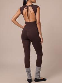 SHEIN BAE Women's Solid Color Backless Tie Design Sleeveless Sports Jumpsuit - Coffee Brown - View 3