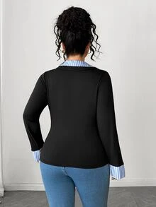 Elenzga Plus Size Women's Sexy High-End Contrast Color 2 In 1 POLO Collar Top, Spring Slim Fit Flattering Inner Layer Base Shirt, - Multicolor - View 2