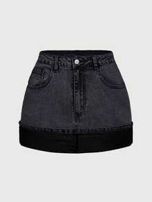 SHEIN MOD 女款休閒牛仔裙，附口袋與保暖內裡 - 灰色 - 查看 6