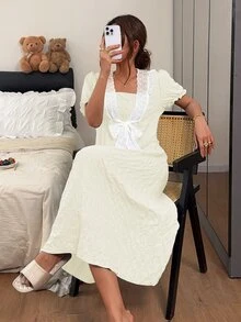 Napfluff 女款對比飾邊前綁帶領提花短袖寬鬆睡裙 - 杏色 - 查看 6