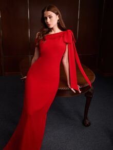 MOTF PREMIUM ELEGANT COMMUTER BOW DECOR LONG DRESS - Red - View 1
