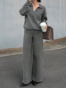 FRIFUL Women's Solid Color Long Sleeve Top And Pants Knit Two Pieces Set - Grey - View 3