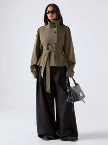 LYSMO Jaket Wanita Gaya Jalanan Berkerah Tinggi dengan Kancing Lengan Panjang - Dark Green - View 4