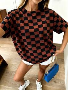 Maweii Plus Size Summer Casual Checkered Print T-Shirt - Multicolor - View 3