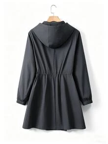 SHEIN LUNE CURVE 大尺碼女款收腰連帽風衣外套，韓式休閒優雅青春感寬鬆版型，夏季秋季高級女裝 - 深灰色 - 查看 2