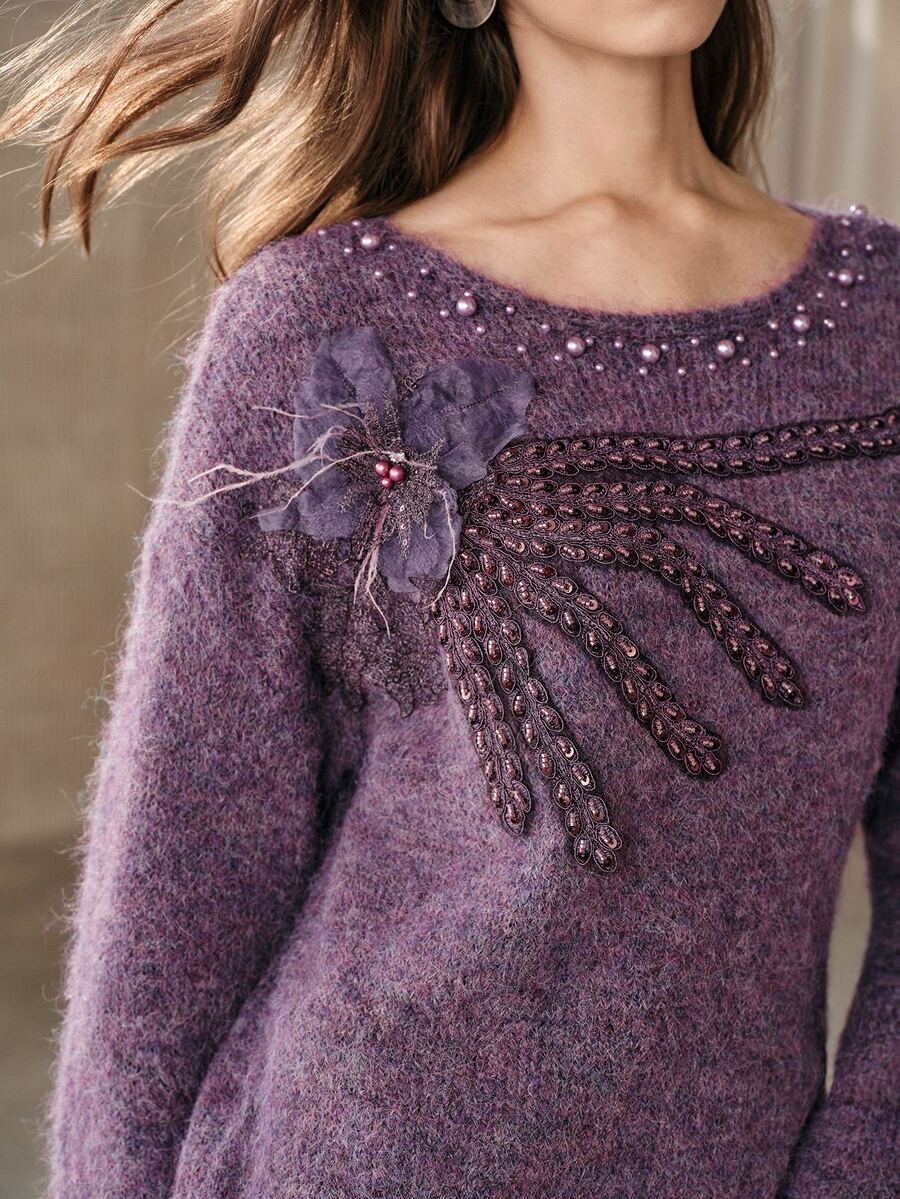Anewsta French Autumn/Winter High-End Fashion Design Elegant Sophisticated Evening Style Heavy Beaded & Rhinestone Embellished Floral Stamen Sweater - Violet Purple - View 1