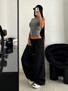 StreetHx Women's Letter Print Drawstring Waist Casual Wide Leg Pants - Black - View 7
