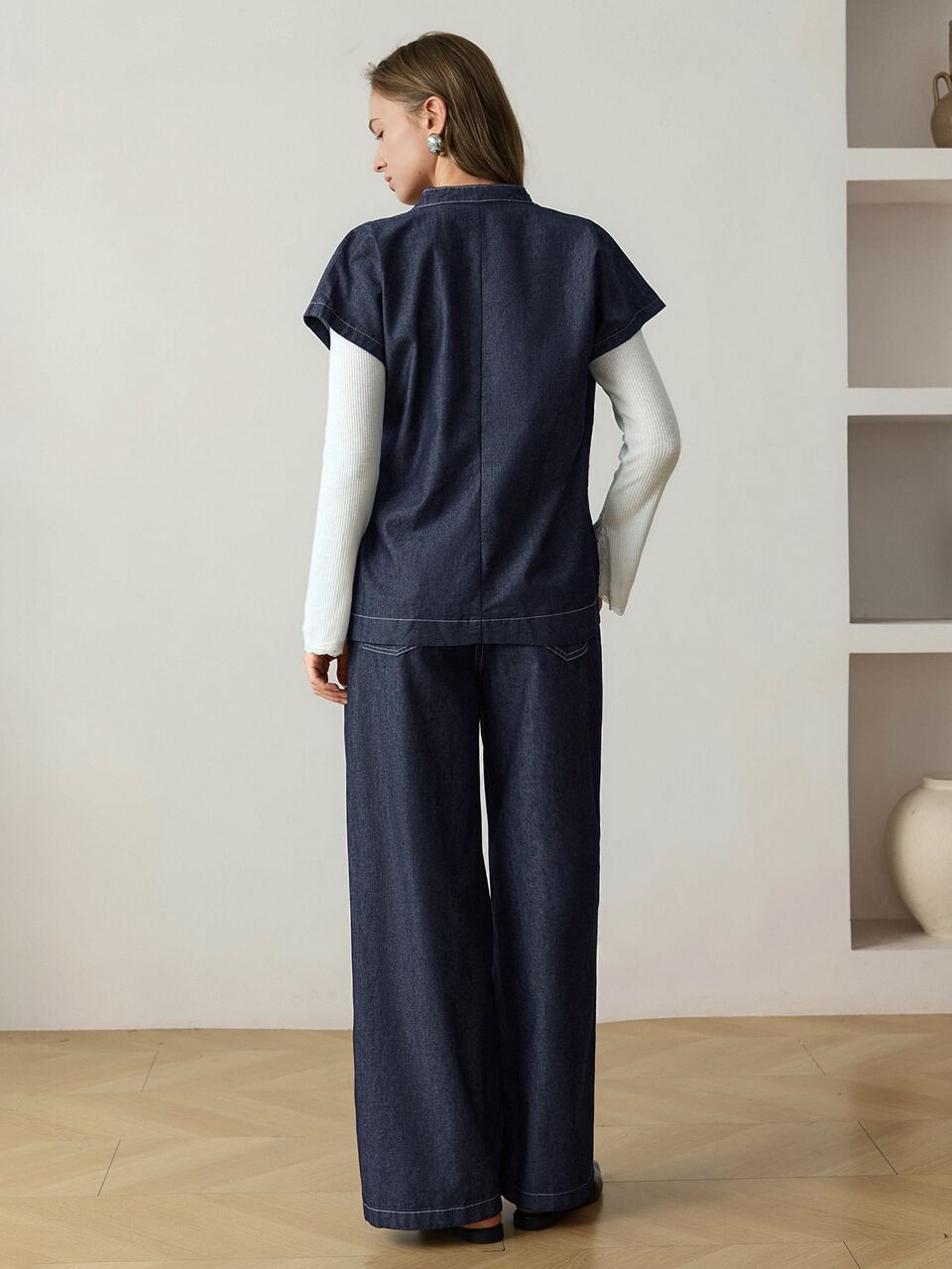 Women's Side Buckle Design Vest And Wide Leg Pants Casual Denim Set