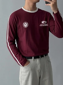 DAZY Summer Letter Print Patchwork Contrast Collar Burgundy Men's T-Shirt - Burgundy - View 5