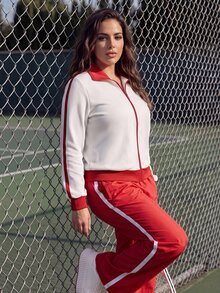 EMERY ROSE Jaket Lengan Panjang Wanita Ukuran Besar Warna Putih Musim Gugur dengan Resleting dan Blok Warna, Model Kasual Balap, Smart Casual Olahraga Sehari-hari, Guru, Klub, Kantor - Putih - View 6