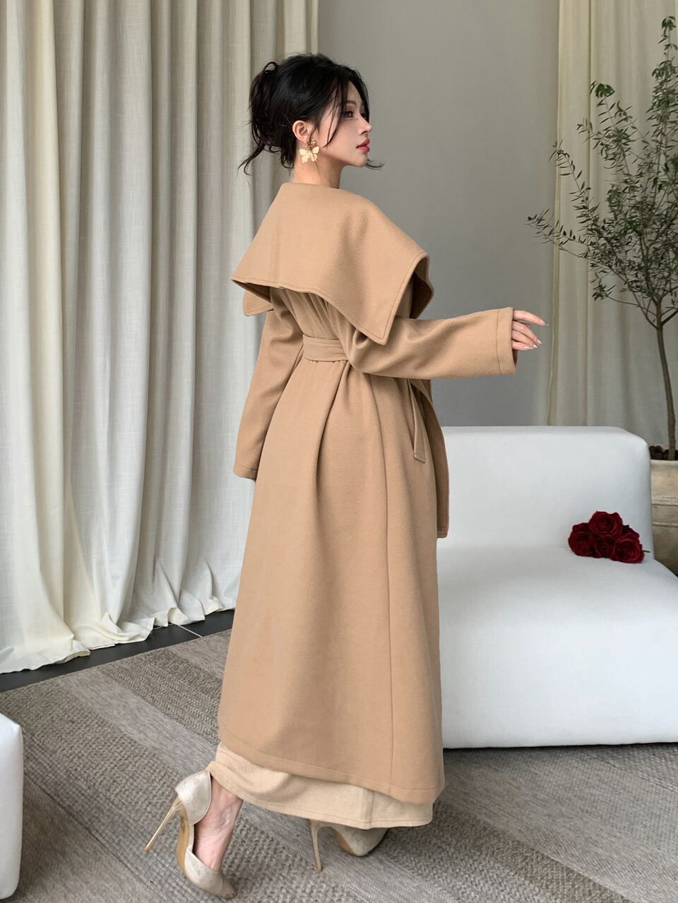 Autumn Winter Oversized Lapel Long Sleeve Loose Tie Waist Camel Color Elegant Women's Long Overcoat