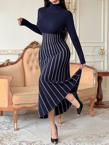 DAZY Autumn/Winter High Neck Ribbed Fitted Elegant Commute Date Navy Blue Women Sweater Dress - Navy Blue - View 6