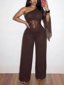 Slaydiva Plus Size Women's Lace Patchwork One Shoulder Casual Daily Jumpsuit - Brown - View 6