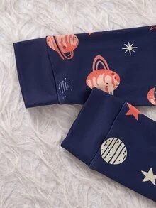 Tween Boys' Blue Base Minimalist Fashion Cartoon Pattern Print Long Sleeve Long Pants Snug Fit Loungewear - Navy Blue - View 4