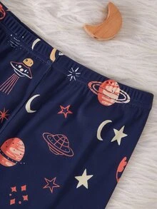 Tween Boys' Blue Base Minimalist Fashion Cartoon Pattern Print Long Sleeve Long Pants Snug Fit Loungewear - Navy Blue - View 6