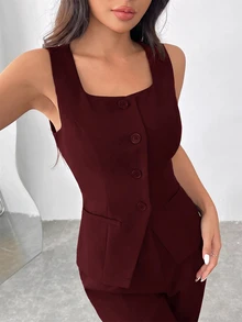 SHEIN EZwear 女款純色寬肩帶前扣無袖簡約休閒西裝外套 秋冬款 - 酒紅色 - 查看 4