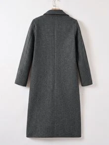 SHEIN EZwear 女款格紋羊毛大衣，內裡字母圖案，秋冬款 - 深灰色 - 查看 2